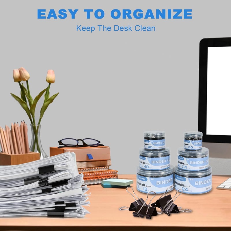 OPOFOX Binder Clips Assorted Sizes Including Extra Large Medium Small Mini and Micro, Office Supplies File Clamps Paper Clips, 6 Sizes in 6 Boxes, 208 PCS Metal Black Clamps for School - Image 5